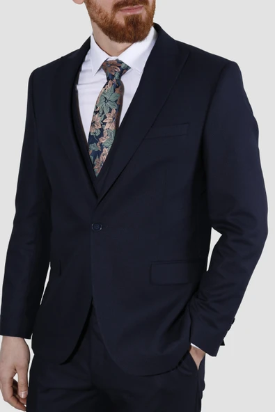 Erkek Tek Düğme Armürlü Yelekli Slim Fit Takım Elbise 7040M-LACİVERT - 2