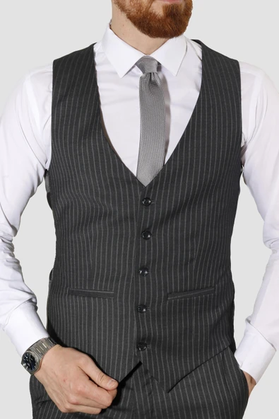 Erkek Çizgili Yelekli Slim Fit Takım Elbise CML158-FÜME - 3