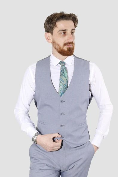 Erkek Tek Düğme Düz Yelekli Slim Fit Takım Elbise 2813-MAVİ - 3