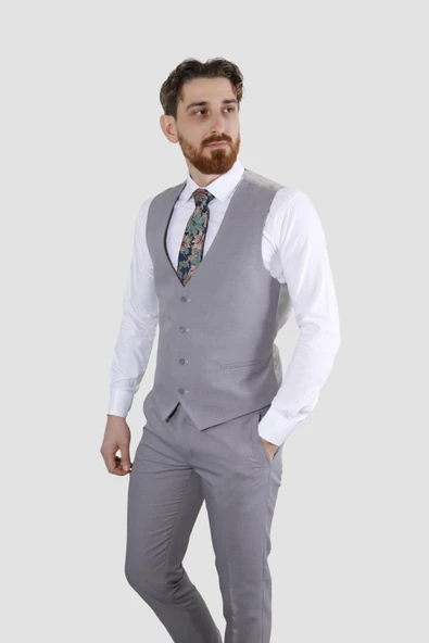 Erkek Tek Düğme Düz Yelekli Slim Fit Takım Elbise 2813-AÇIKGRİ - 4