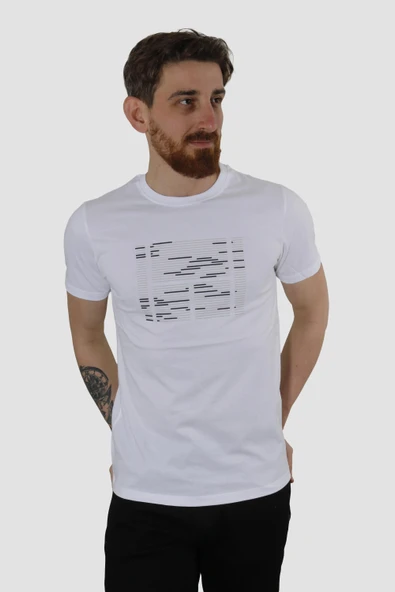 Erkek Bisiklet Yaka Basklı Pamuklu Slim Fit Tişört 3170-BEYAZ - 2