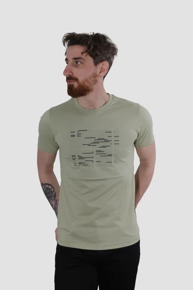 Erkek Bisiklet Yaka Basklı Pamuklu Slim Fit Tişört 3170-YEŞİL - 2
