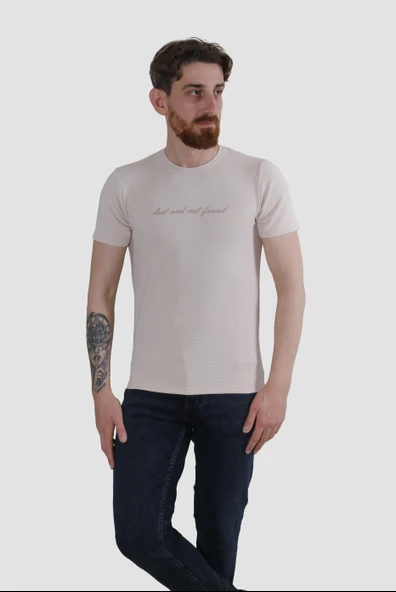 Erkek Bisiklet Yaka Jakarlı Pamuklu Slim Fit Tişört 3185-BEJ