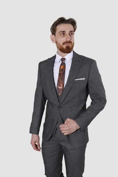 Erkek Tek Düğme Desenli Yelekli Slim Fit Takım Elbise 7485-GRİ - 2