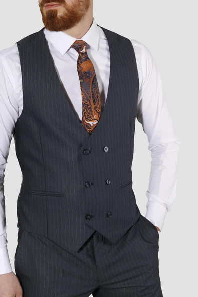 Erkek Tek Düğme Çizgili Yelekli Slim Fit Takım Elbise 6561-LACİVERT - 3