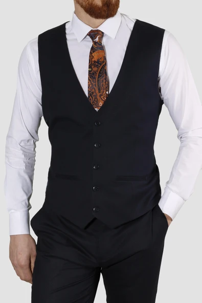 Erkek Armürlü Yelekli Slim Fit Takım Elbise 6023AR-LACİVERT - 4