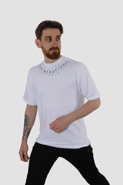 Erkek Bisiklet Yaka Yazı Baskılı Pamuklu Oversize Tişört 3125-BEYAZ