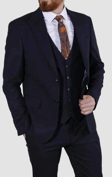 Erkek Armürlü Yelekli Slim Fit Takım Elbise 6023AR-LACİVERT - 3