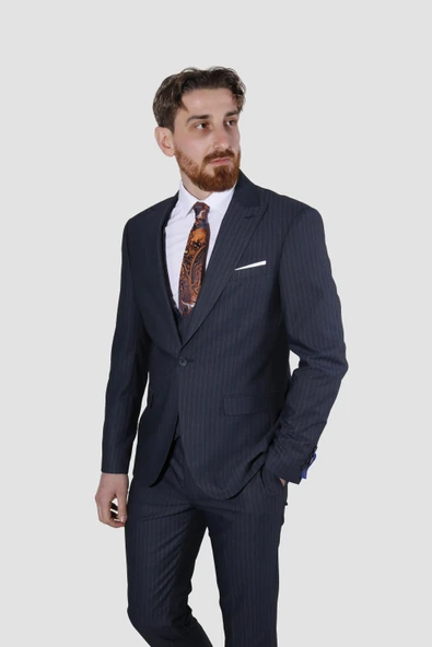 Erkek Tek Düğme Çizgili Yelekli Slim Fit Takım Elbise 6561-LACİVERT