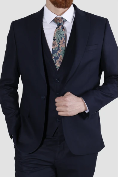 Erkek Tek Düğme Armürlü Yelekli Slim Fit Takım Elbise 7040M-LACİVERT - 3