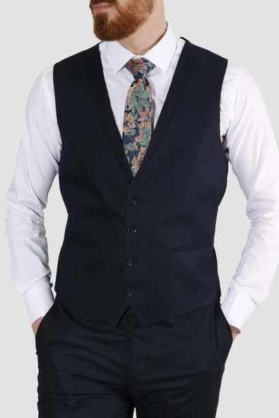 Erkek Tek Düğme Armürlü Yelekli Slim Fit Takım Elbise 7040M-LACİVERT - 4
