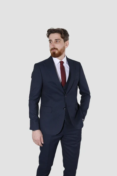 Erkek Desenli Yelekli Slim Fit Takım Elbise 6020-LACİVERT