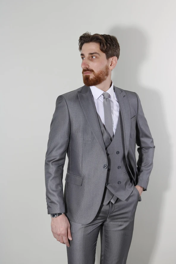 Erkek Tek Düğme Armürlü Yelekli Slim Fit Takım Elbise-GRİ