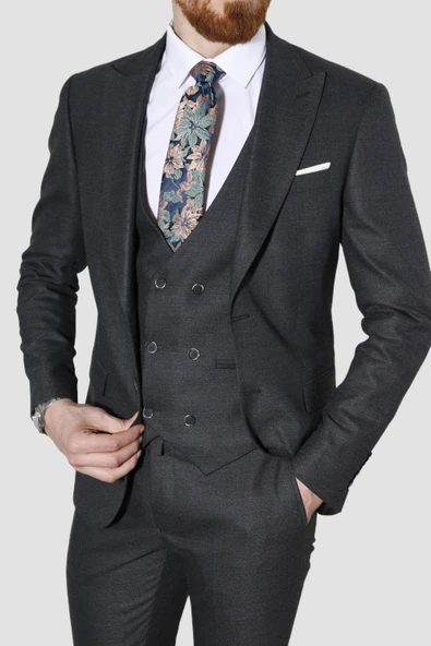Erkek Çizgili Yelekli Slim Fit Takım Elbise 6566-SİYAH - 2