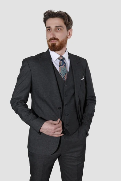 Erkek Desenli Yelekli Slim Fit Takım Elbise 6570-ANTRASİT