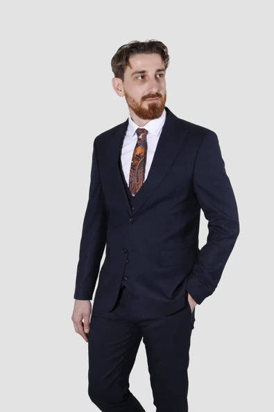 Erkek Armürlü Yelekli Slim Fit Takım Elbise 6023AR-LACİVERT