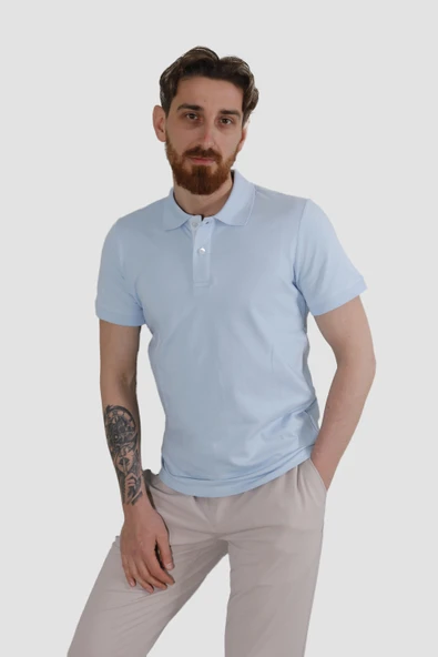 Erkek Polo Yaka Düz Pamuklu Slim Fit Tişört 3225Y-B.MAVİ