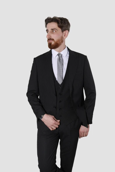 Erkek Çizgili Yelekli Slim Fit Takım Elbise MK37-SİYAH - 2