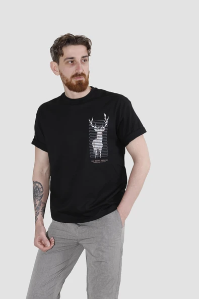 Erkek Bisiklet Yaka Geyik Baskılı Pamuklu Oversize Tişört-SİYAH - 2