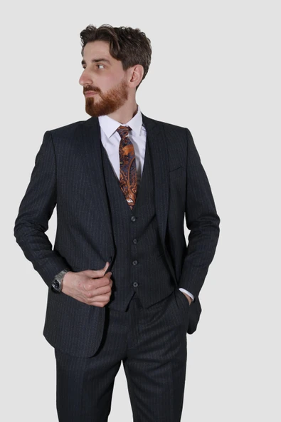 Erkek Tek Düğme Çizgili Desenli Slim Fit Takım Elbise 4051-SİYAH - 2