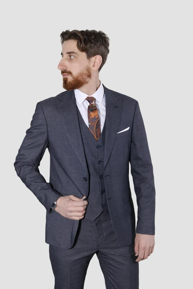 Erkek Desenli Yelekli Slim Fit Takım Elbise 6570-LACİVERT - 2