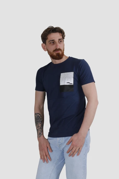 Erkek Bisiklet Yaka Baskılı Pamuklu Slim Fit Tişört 3148-LACİVERT