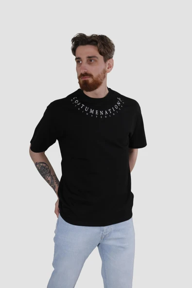 Erkek Bisiklet Yaka Yazı Baskılı Pamuklu Oversize Tişört 3125-SİYAH