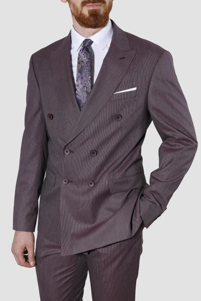 Erkek Çizgili Kruvaze Slim Fit Takım Elbise 6562-VİŞNE - 2
