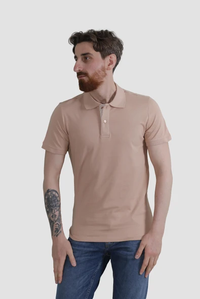 Erkek Polo Yaka Düz Pamuklu Slim Fit Tişört 3225Y-PUDRA