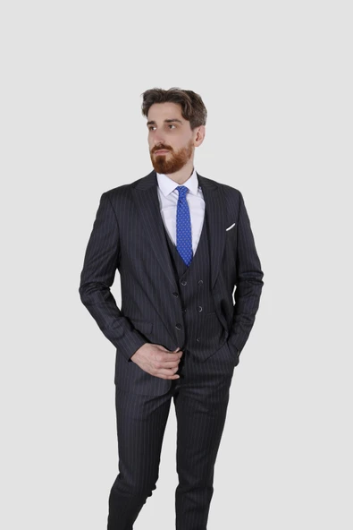 Erkek Çizgili Yelekli Slim Fit Takım Elbise 6566-ANTRASİT