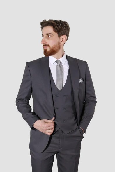 Erkek Armürlü Yelekli Slim Fit Takım Elbise 2810-ANTRASİT