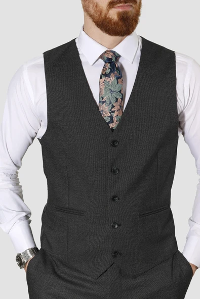Erkek Desenli Yelekli Slim Fit Takım Elbise 6570-ANTRASİT - 4