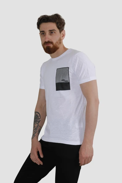 Erkek Bisiklet Yaka Baskılı Pamuklu Slim Fit Tişört 3148-BEYAZ - 2
