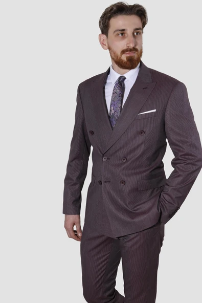 Erkek Çizgili Kruvaze Slim Fit Takım Elbise 6562-VİŞNE - 3