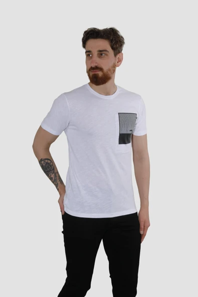 Erkek Bisiklet Yaka Baskılı Pamuklu Slim Fit Tişört 3148-BEYAZ