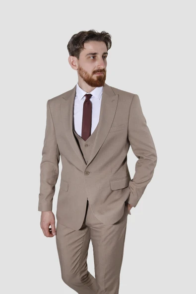 Erkek Tek Düğme Düz Yelekli Slim Fit Takım Elbise 2813-BEJ - 2