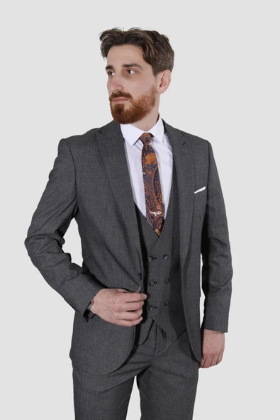 Erkek Tek Düğme Desenli Yelekli Slim Fit Takım Elbise 7485-GRİ