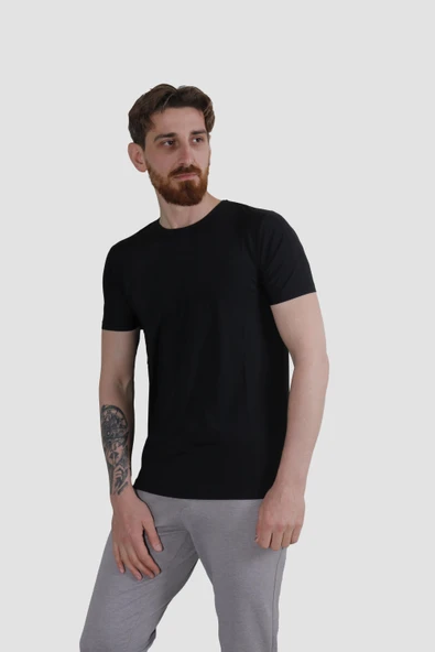 Erkek Bisiklet Yaka Basic Düz Pamuklu Slim Fit Tişört-SİYAH