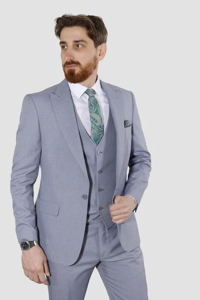 Erkek Tek Düğme Düz Yelekli Slim Fit Takım Elbise 2813-MAVİ
