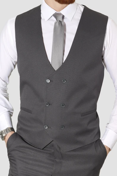 Erkek Armürlü Yelekli Slim Fit Takım Elbise 2810-ANTRASİT - 4