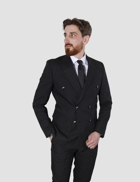 Erkek Çizgili Kruvaze Slim Fit Takım Elbise ARMADA09-SİYAH - 2