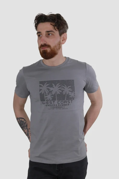 Erkek Bisiklet Yaka Palmiye Ağacı Baskılı Pamuklu Slim Fit Tişört 3074-ANTRASİT - 2