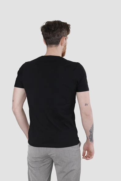 Erkek Bisiklet Yaka Düz Pamuklu Slim Fit Tişört 3068-SİYAH - 3