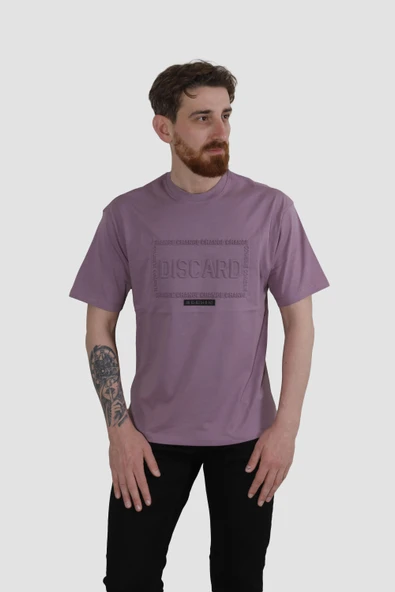 Erkek Bisiklet Yaka Baskılı Oversize Pamuklu Tişört  3064-LİLA