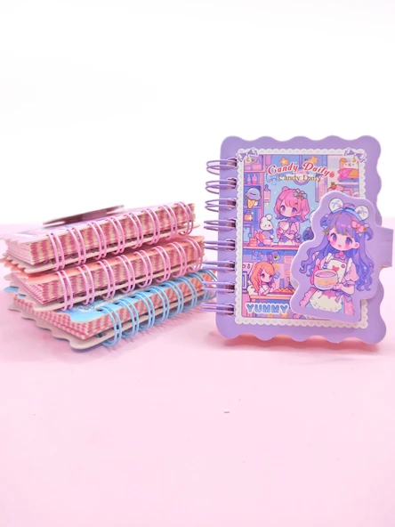 Candy Sevimli Kız Cırtlı Cep Boy Mini Not Defteri (7x8 cm) - Mor