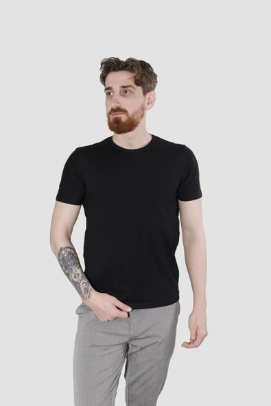 Erkek Bisiklet Yaka Düz Pamuklu Slim Fit Tişört 3068-SİYAH - 2
