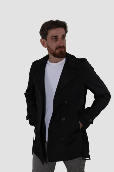 Erkek Kısa Kruvaze Trençkot Slim Fit 4030-SİYAH - 2