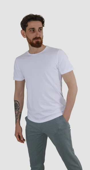 Erkek Bisiklet Yaka Düz Pamuklu Slim Fit Tişört 3068-BEYAZ