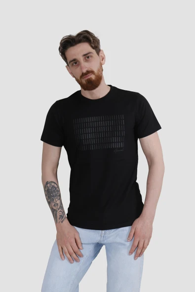 Erkek Bisiklet Yaka Baskılı Pamuklu Slim Fit Tişört 3087-SİYAH