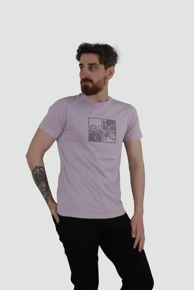 Erkek Bisiklet Yaka Bisiklet Baskılı Pamuklu Slim Fit Tişört 3107-GÜL KURUSU